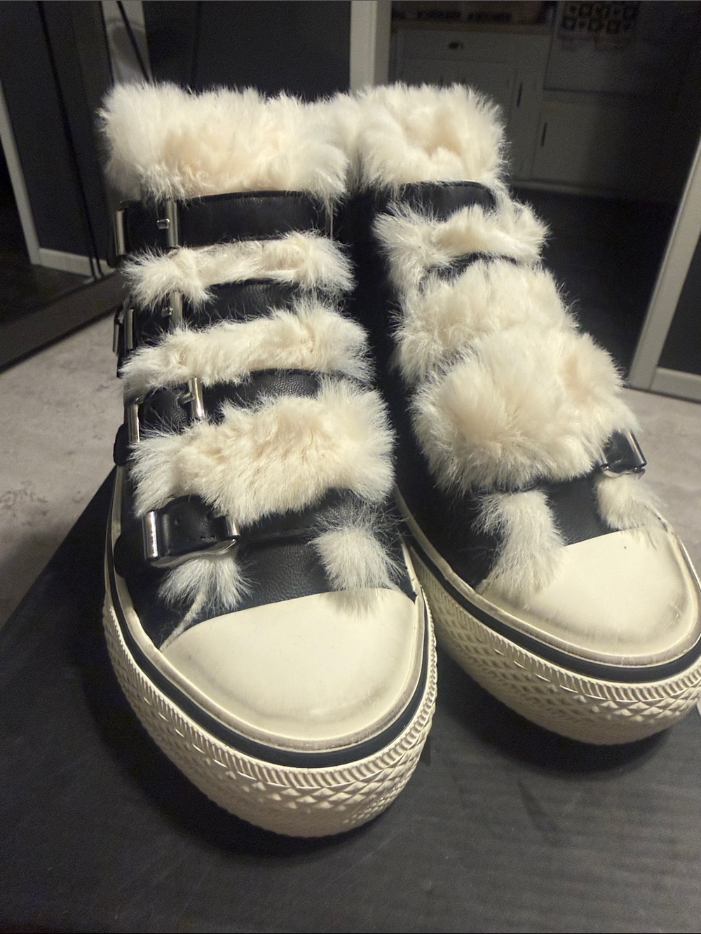 Ash Black Sneakers with Cream Fur Trim